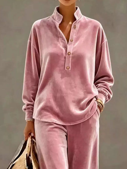Plus Size Half Button Top & Wide Leg Pants Set