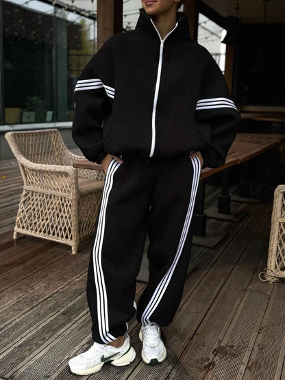 Contrast Striped Zip Up Top and Pants Set