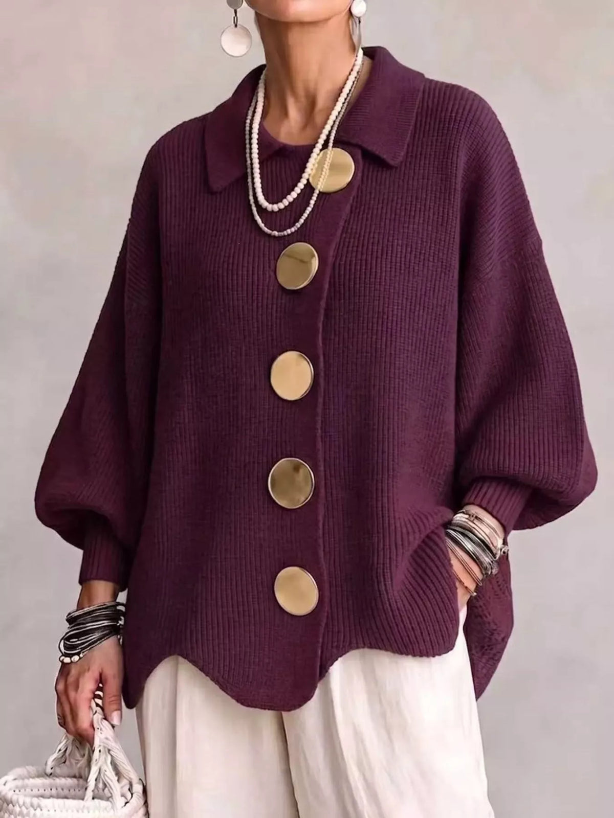 Plus Size Ribbed Knit Cardigan with Gold Buttons & Pockets