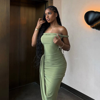 Backless Collar Pleated Slit Dress