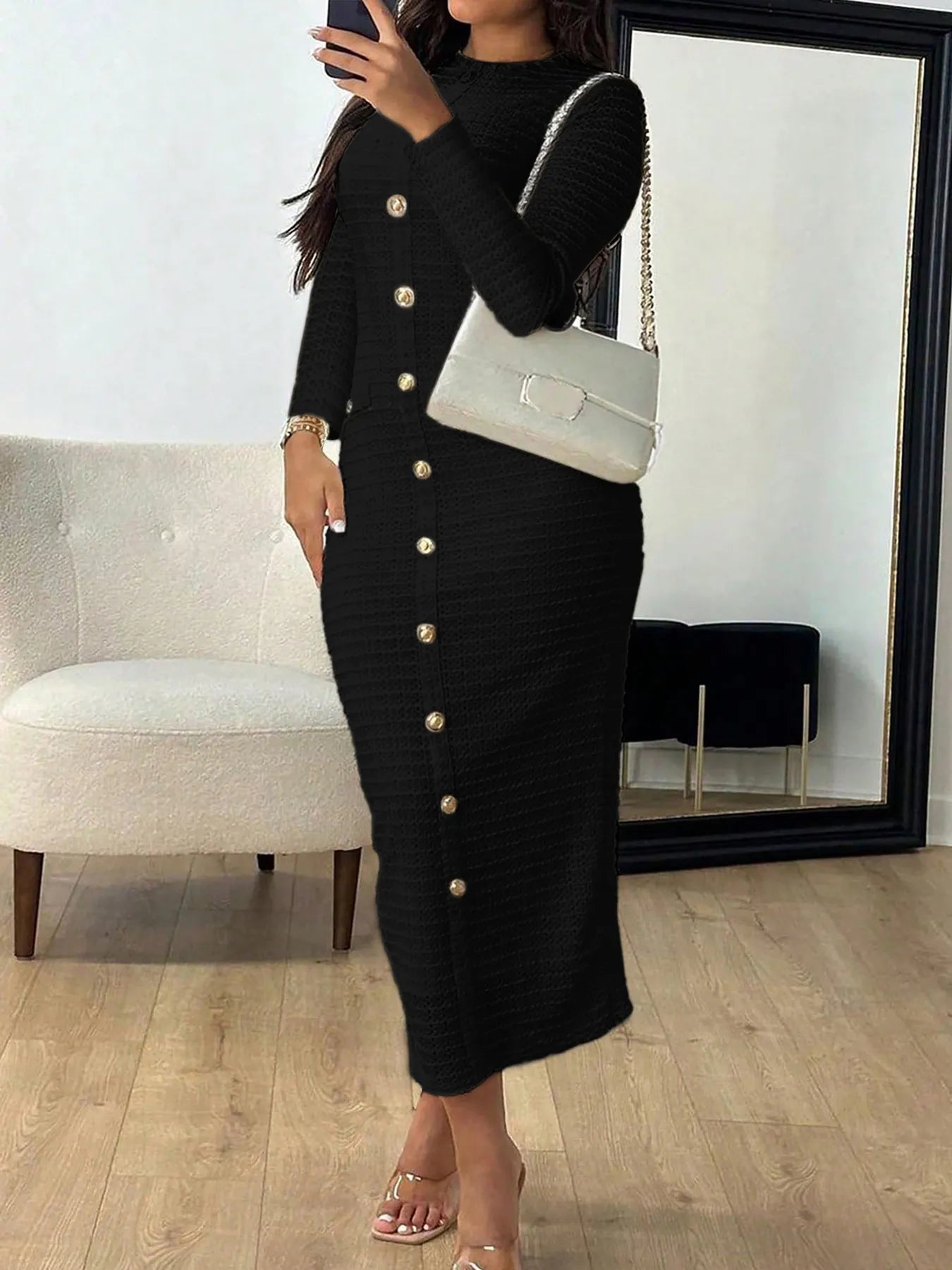 Textured Long Sleeve Midi Dress
