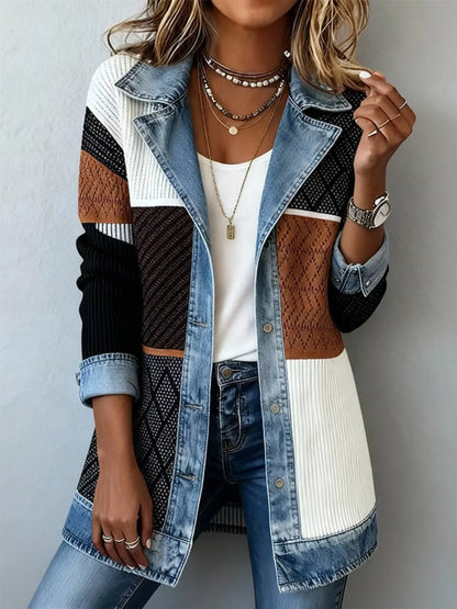 Full Size Denim Trim Ribbed Knit Jacket Plus Size