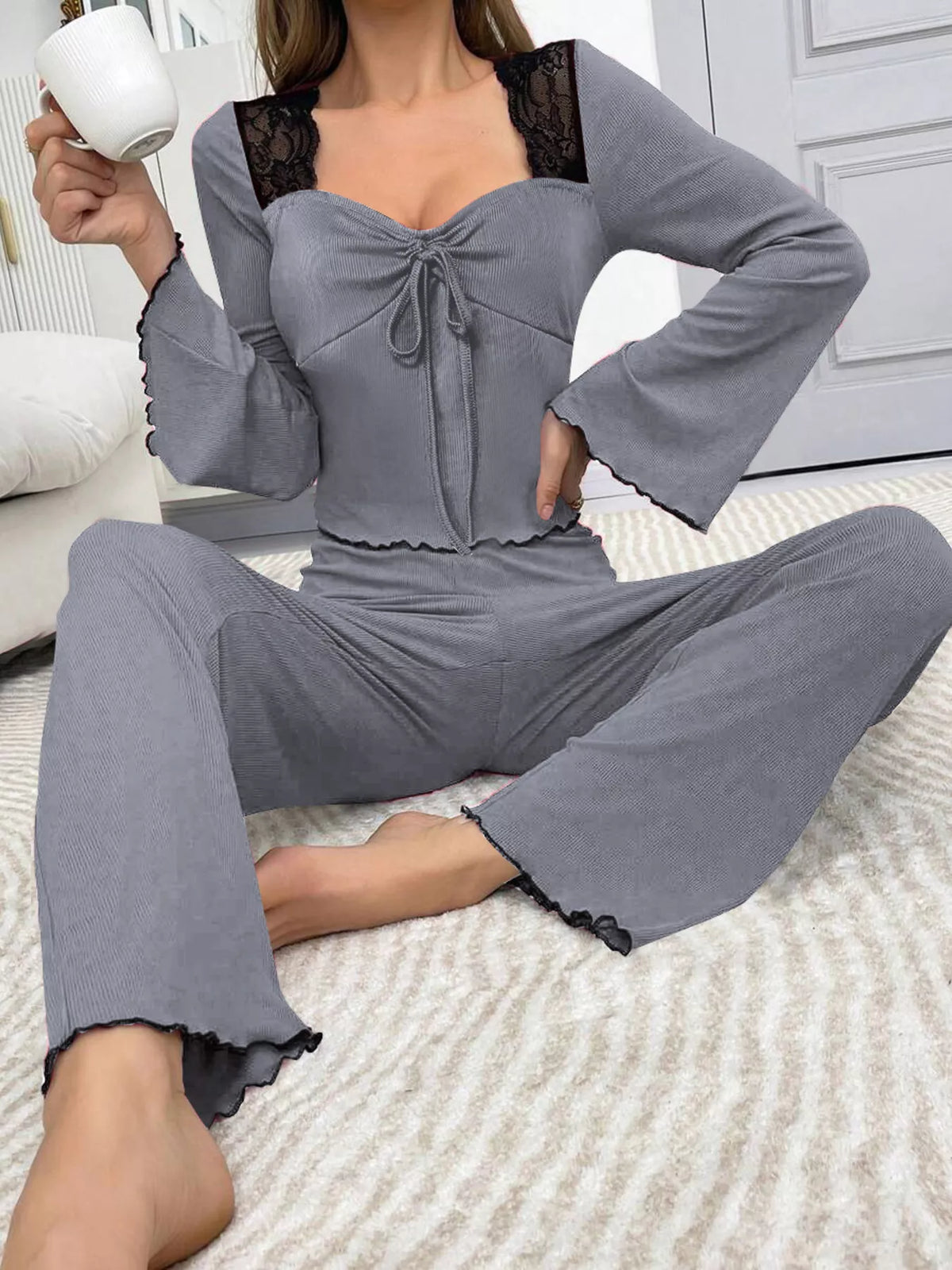 Lace Detail Flare Sleeves Top & Pants Lounge Set