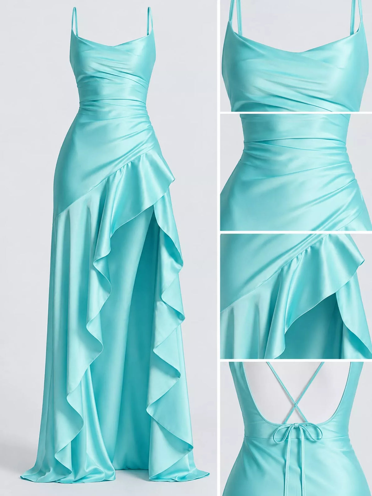 Backless High-Low Ruffle Hem Evening Dress with Side Slit