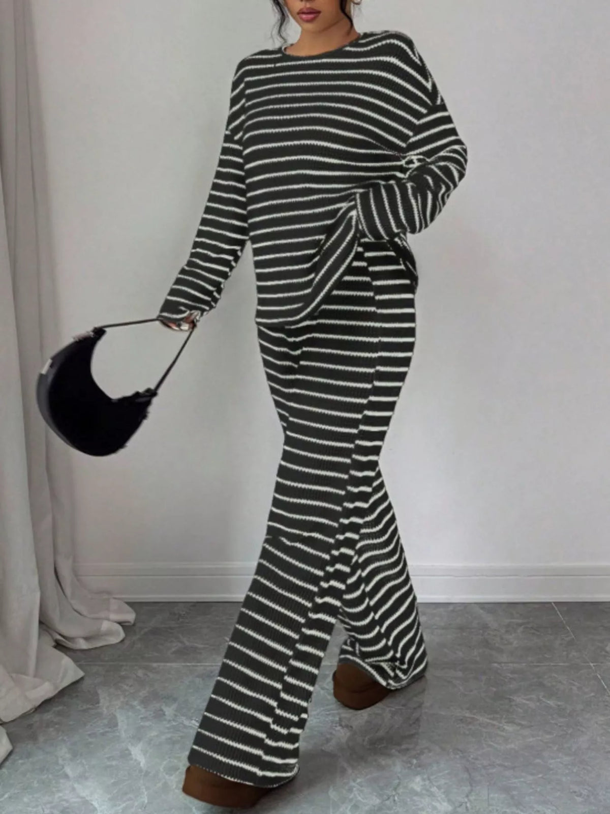 Striped waffle-knit top and pants set, view 8