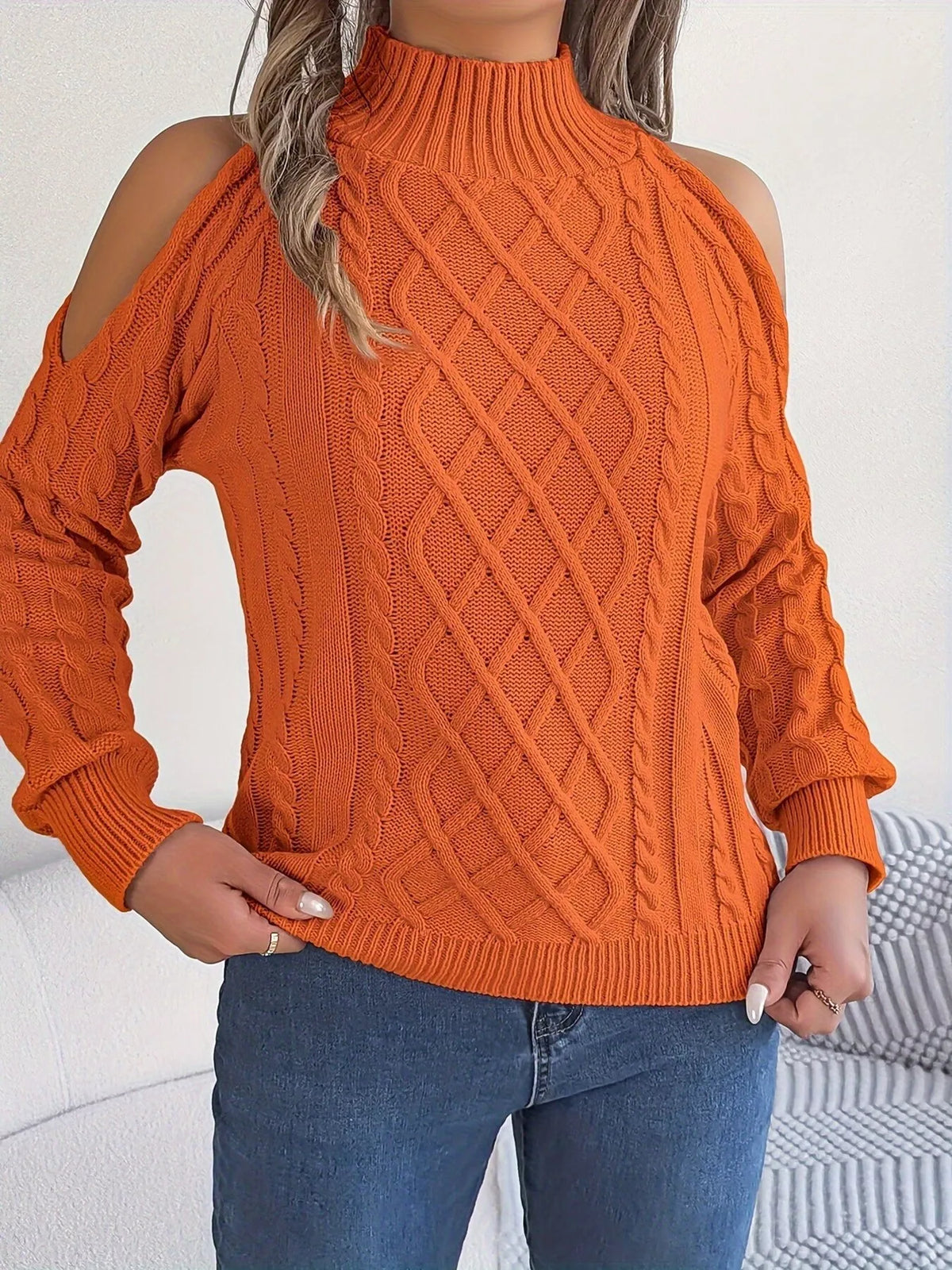 Cold-shoulder cable sweater, view 4