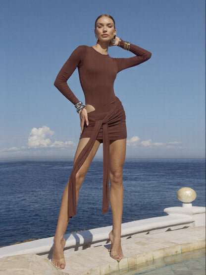 Round-neck tie-up cut-out bodycon skirt