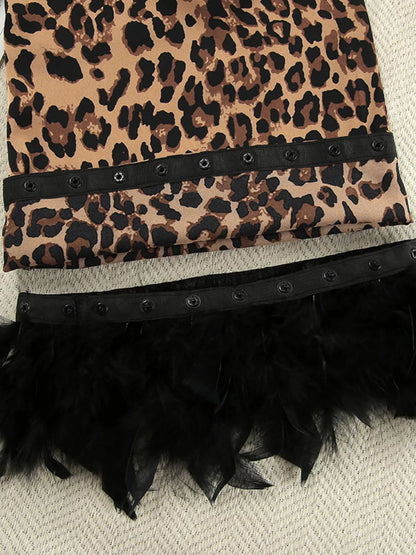 Leopard Print Feather-Trimmed Lounge Nightgown Robe