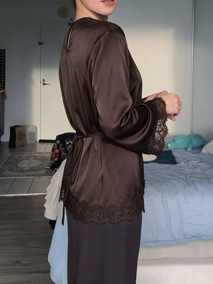 Plus size lace-trim satin blouse, view 5