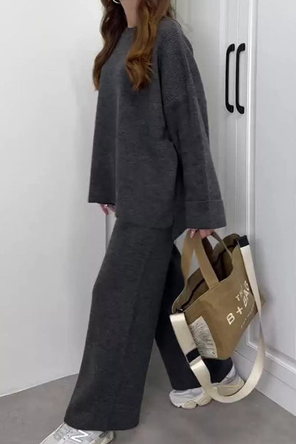 Dropped Shoulder Knit Sweater and Wide Leg Pants Set