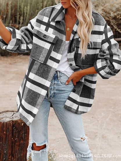 Plaid Button-Down Long Sleeve Jacket