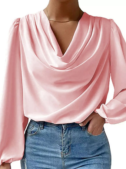 Full Size Cowl Neck Balloon Sleeve Blouse