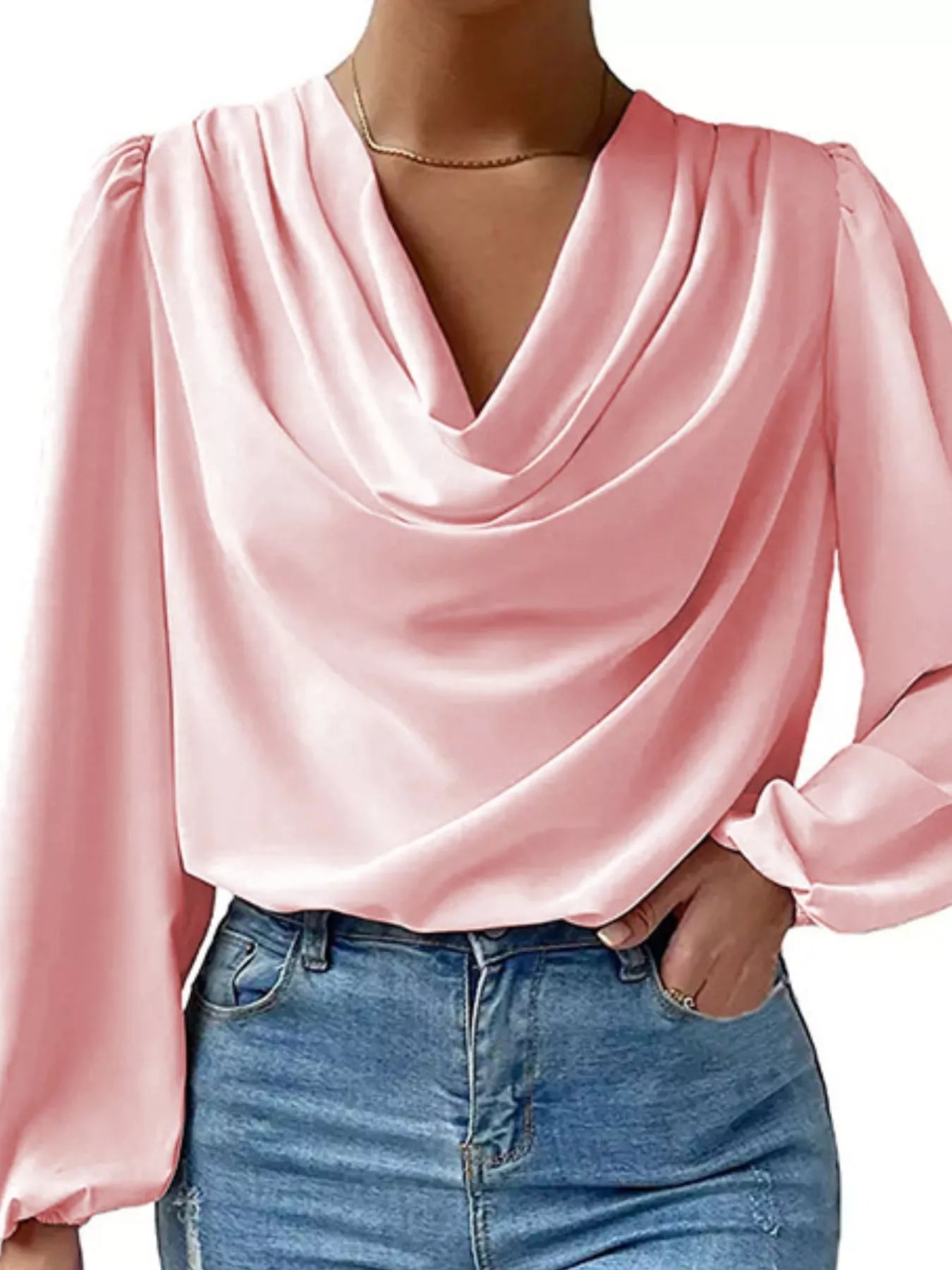 Full Size Cowl Neck Balloon Sleeve Blouse