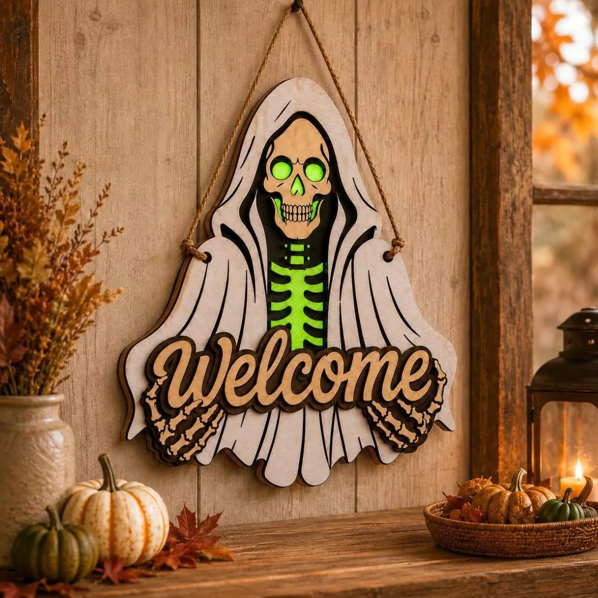 Spooky Halloween skeleton welcome hanging ornament