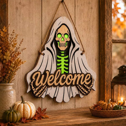 Spooky Halloween skeleton welcome hanging ornament