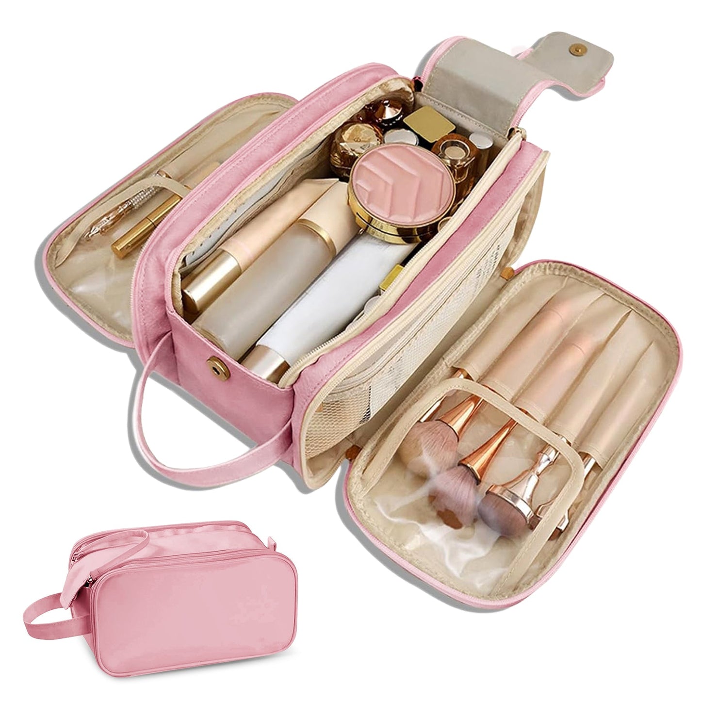 Large Capacity Cosmetic Organizer ,Travel Makeup Bag Organizer, Large Capacity Toiletry Bags for Traveling, Flat Open Waterproof PU Leather Cosmetic Bag with Compartments and Handles