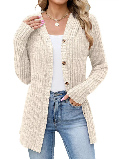 Ribbed Knit Hooded Button-Down Cardigan