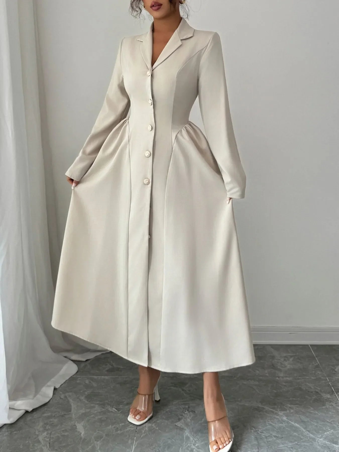 Button-Front Long Sleeve Dress
