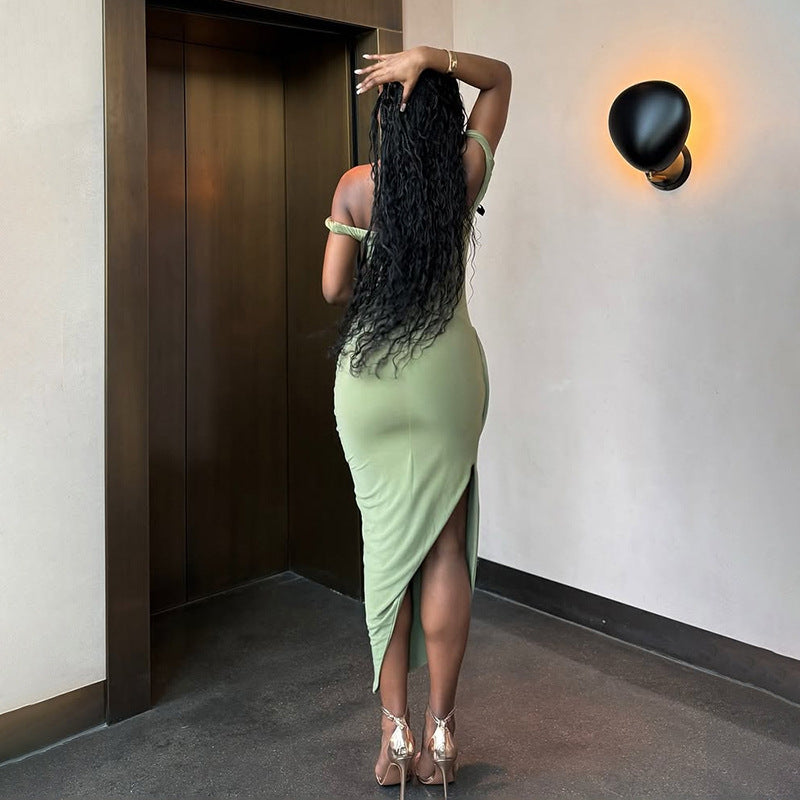 Backless Collar Pleated Slit Dress