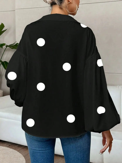 Buttoned Balloon Sleeve Blouse, Dots or Solids, S to 2XL