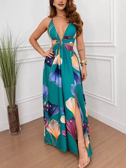 Tropical plunge maxi dress, view 9