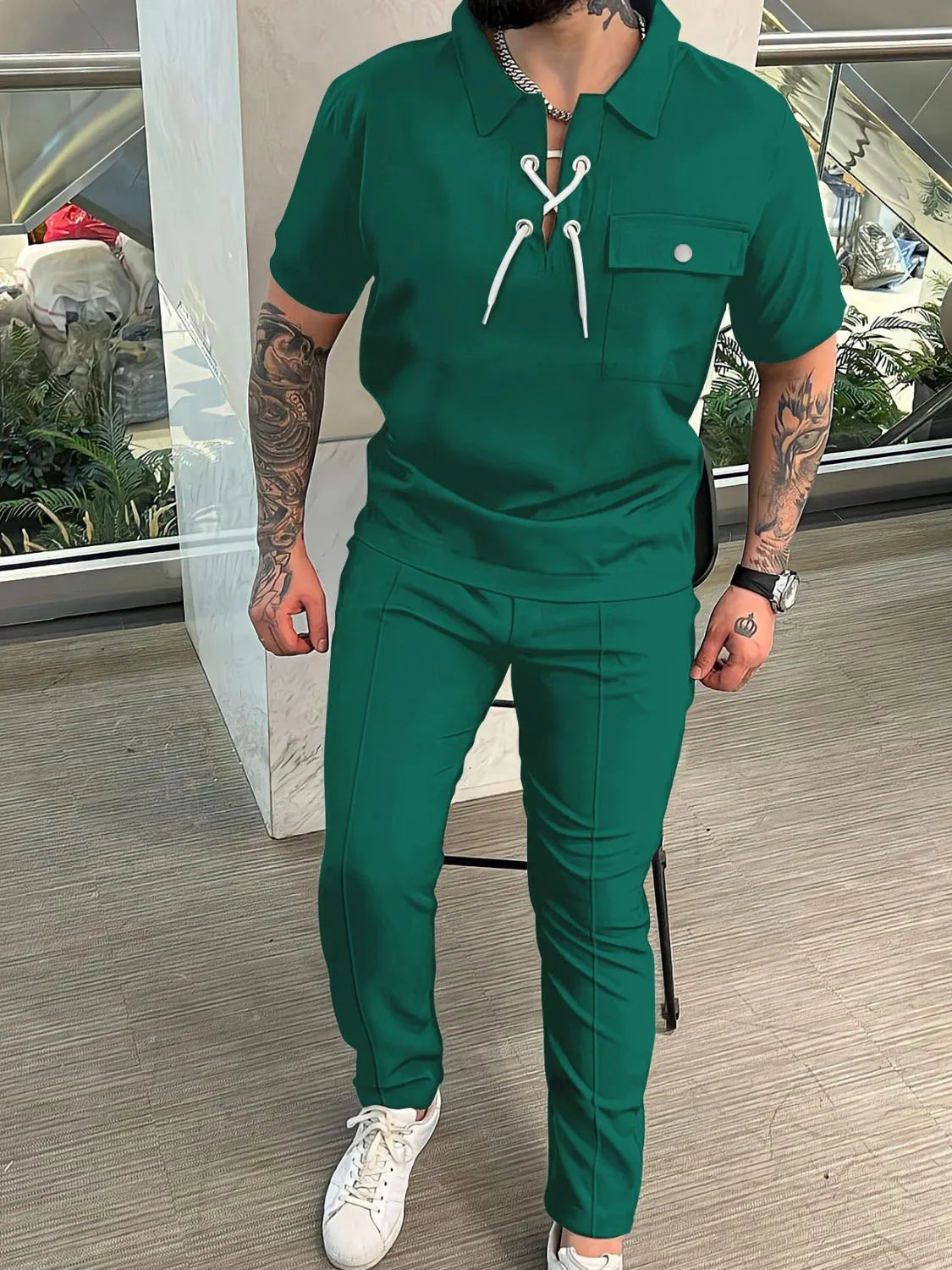 Men'sLace Up Short Sleeve Top and Pants