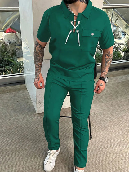 Men'sLace Up Short Sleeve Top and Pants
