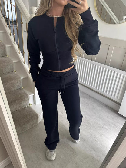 Zip-Up Crop Hoodie and High-Waisted Pants Set