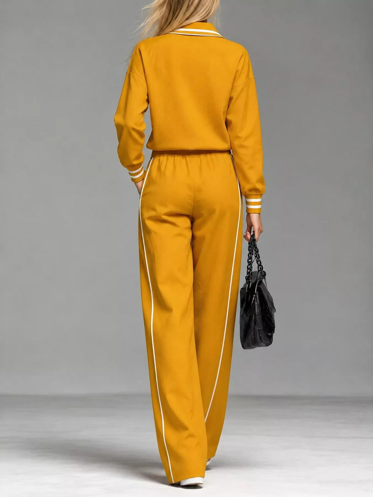 Striped half-zip top and pants set with pockets