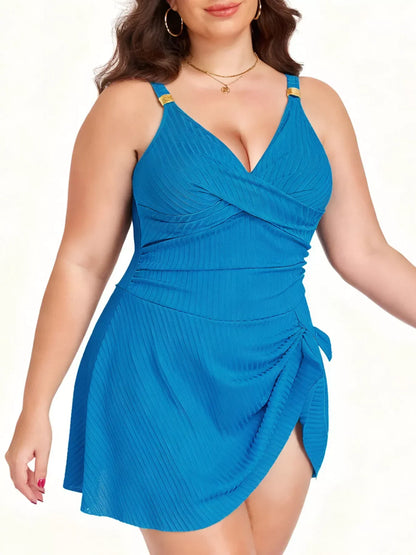 Plus Size Ruched Swim Dress with Removable Pads, L to 5XL