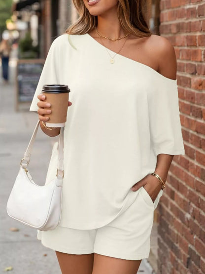 Full Size One Shoulder Top and Shorts Set Plus Size