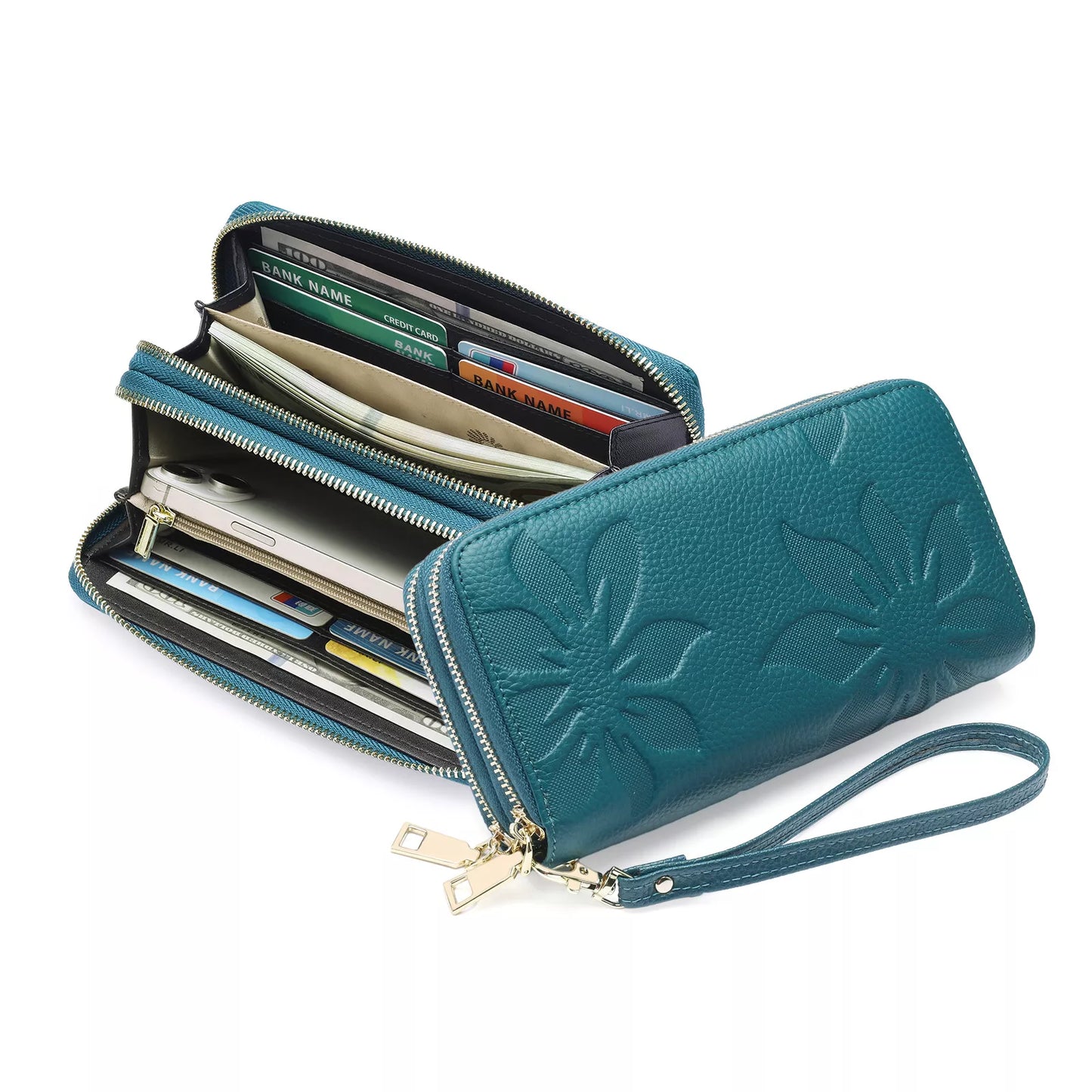 Floral Embossed Leather Zipper Wallet