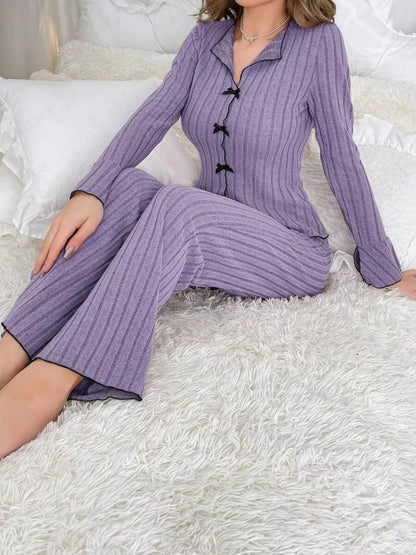 Contrast Bow Detail Top and Pants Lounge Set
