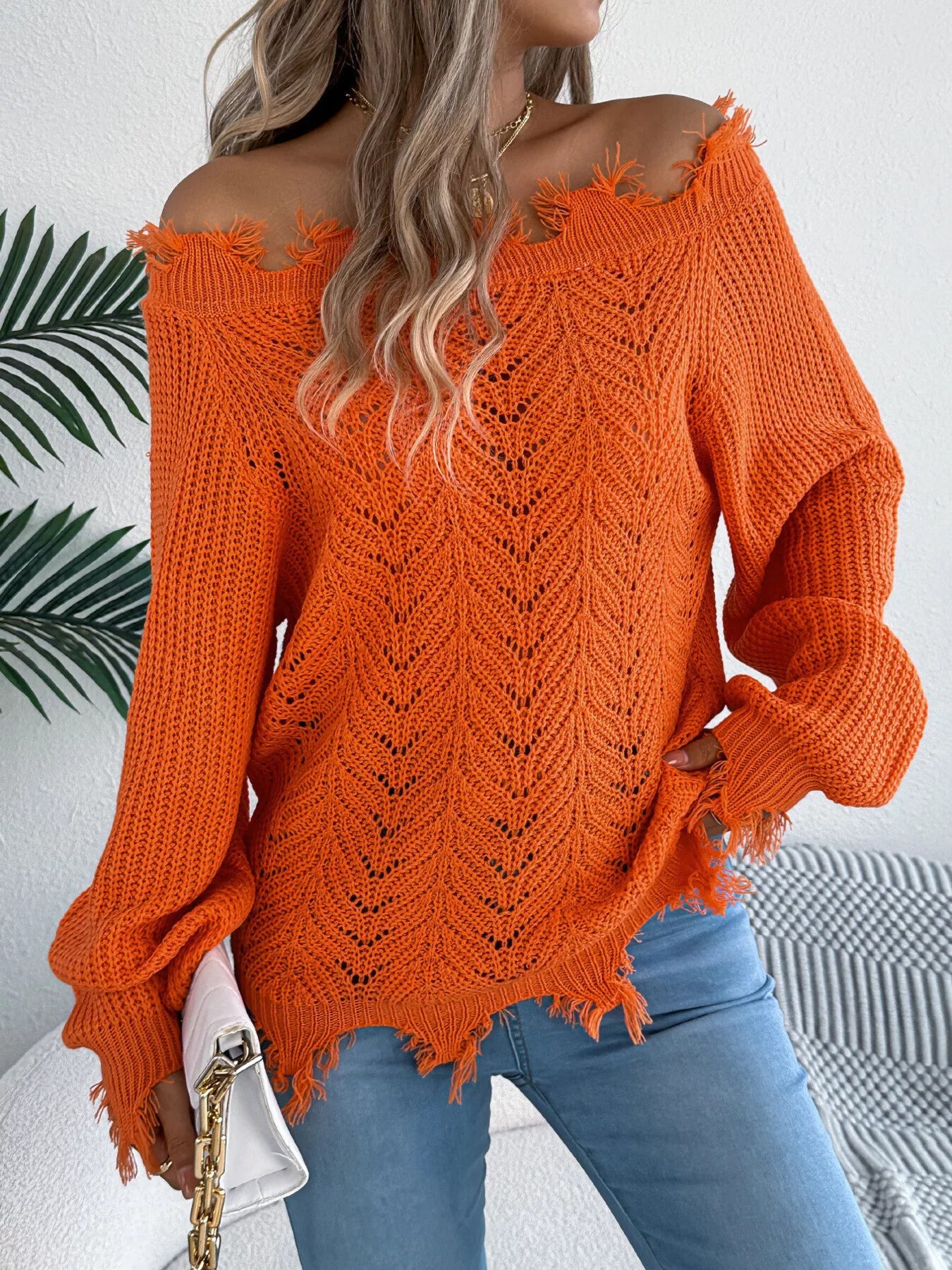 Distressed Off-Shoulder Sweater