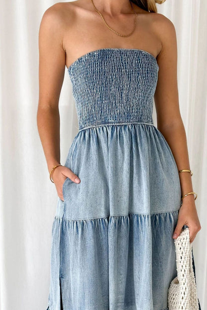Slit Tiered Denim Dress