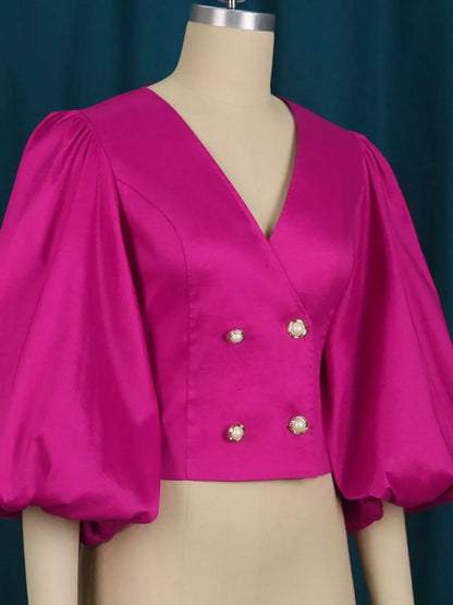Double-breasted puff sleeve blouse, view 4