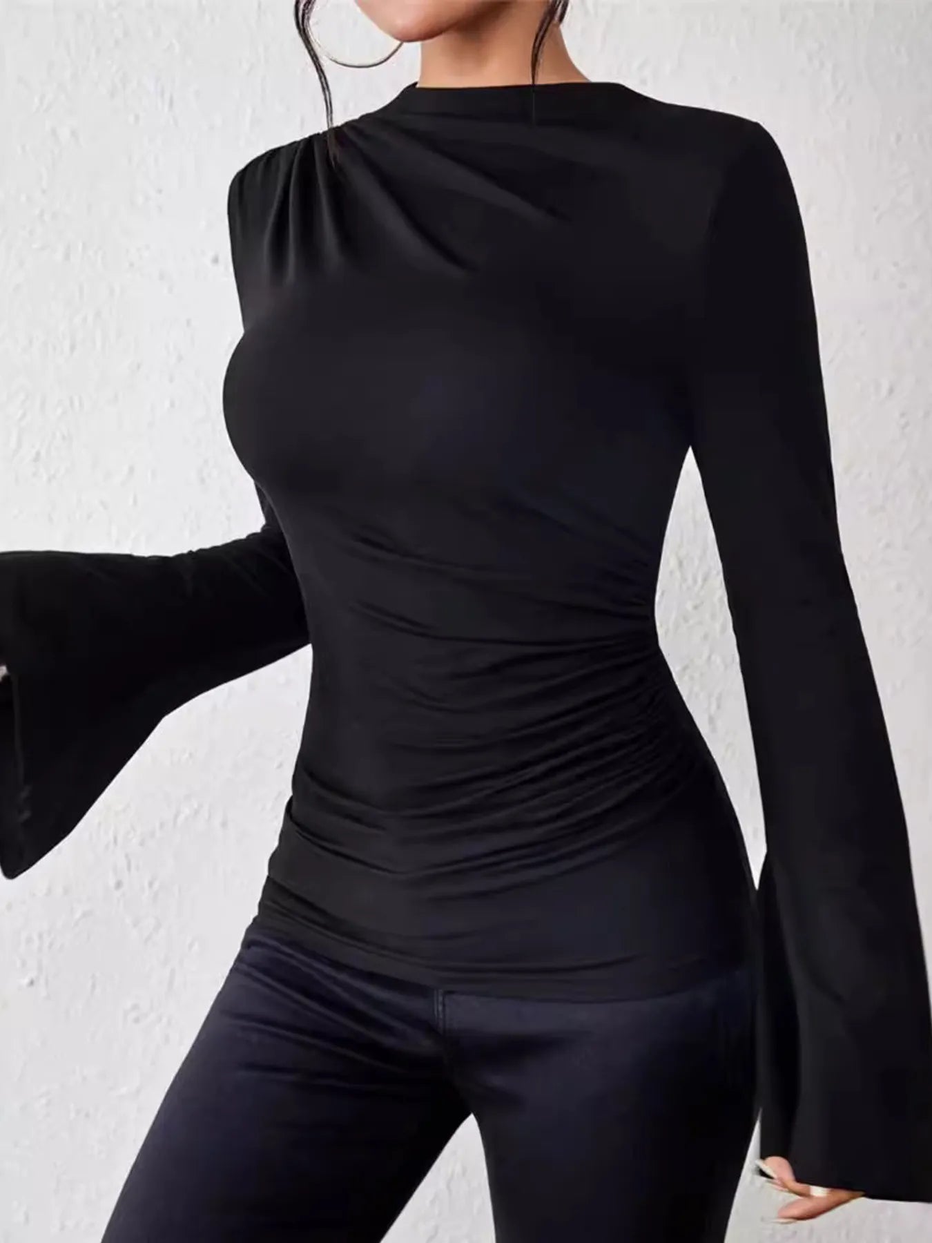 Bell Sleeve Ruched Fitted T-Shirt