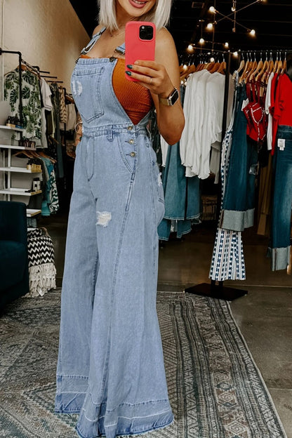 Distressed Wide Leg Denim Overalls