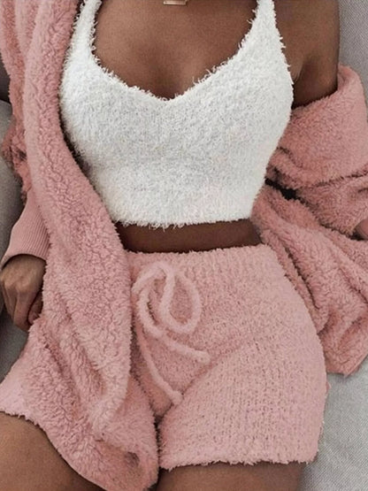 Plus Size 3-Piece Fuzzy Cardigan & Shorts Set