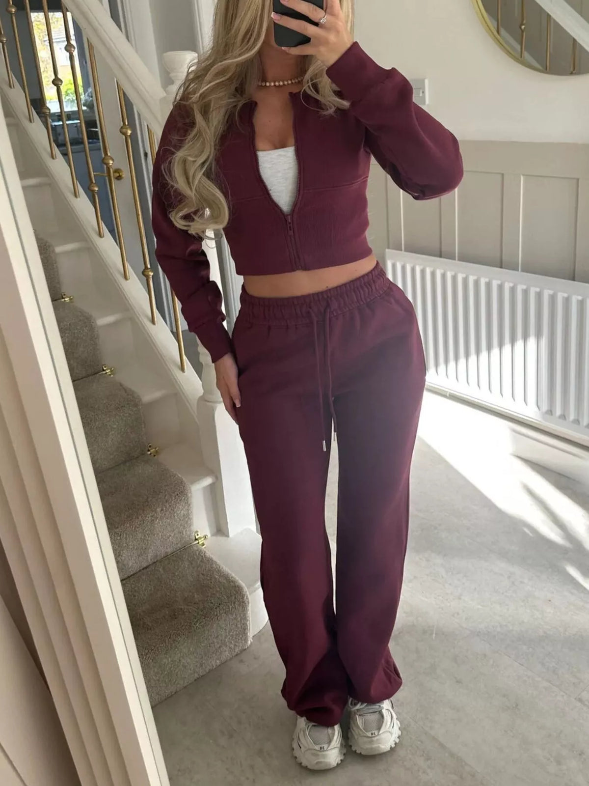 Zip-Up Crop Hoodie and High-Waisted Pants Set