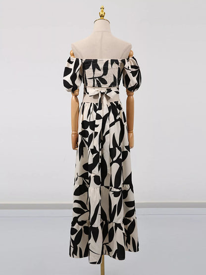 Off-Shoulder Cutout Leaf Print Dress