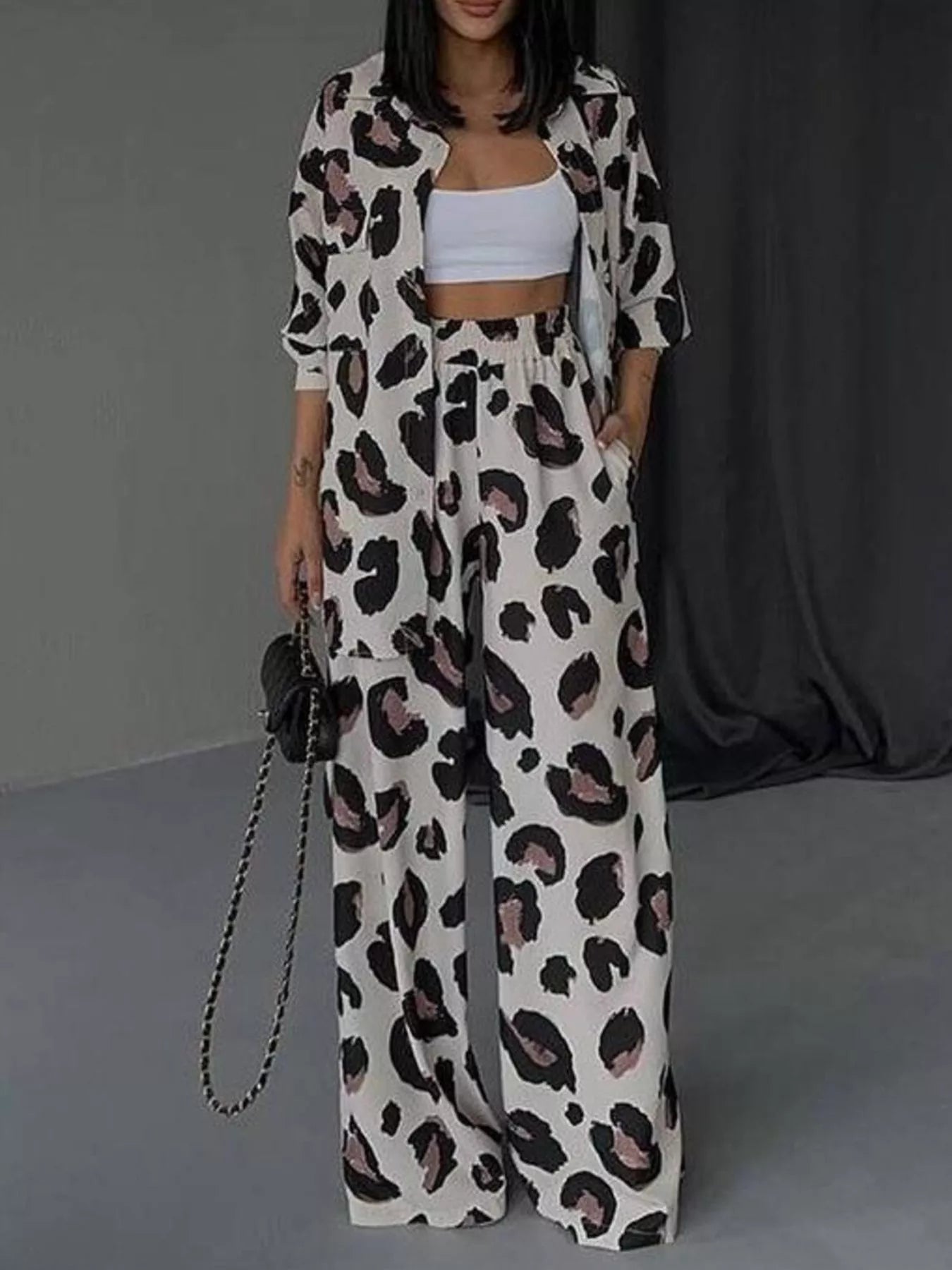 Leopard Print Relaxed Fit Shirt and Pants Two-Piece Set