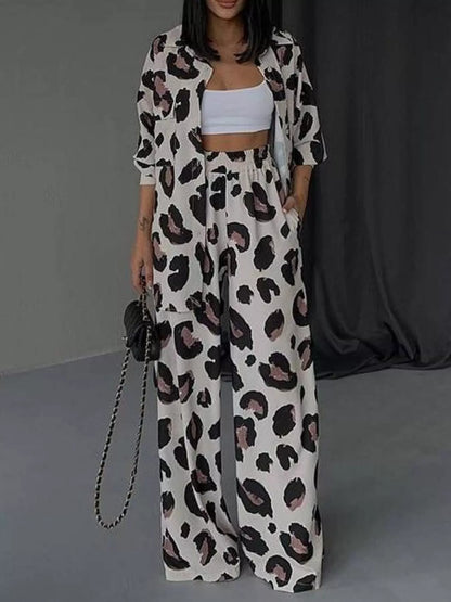 Leopard Print Relaxed Fit Shirt and Pants Two-Piece Set