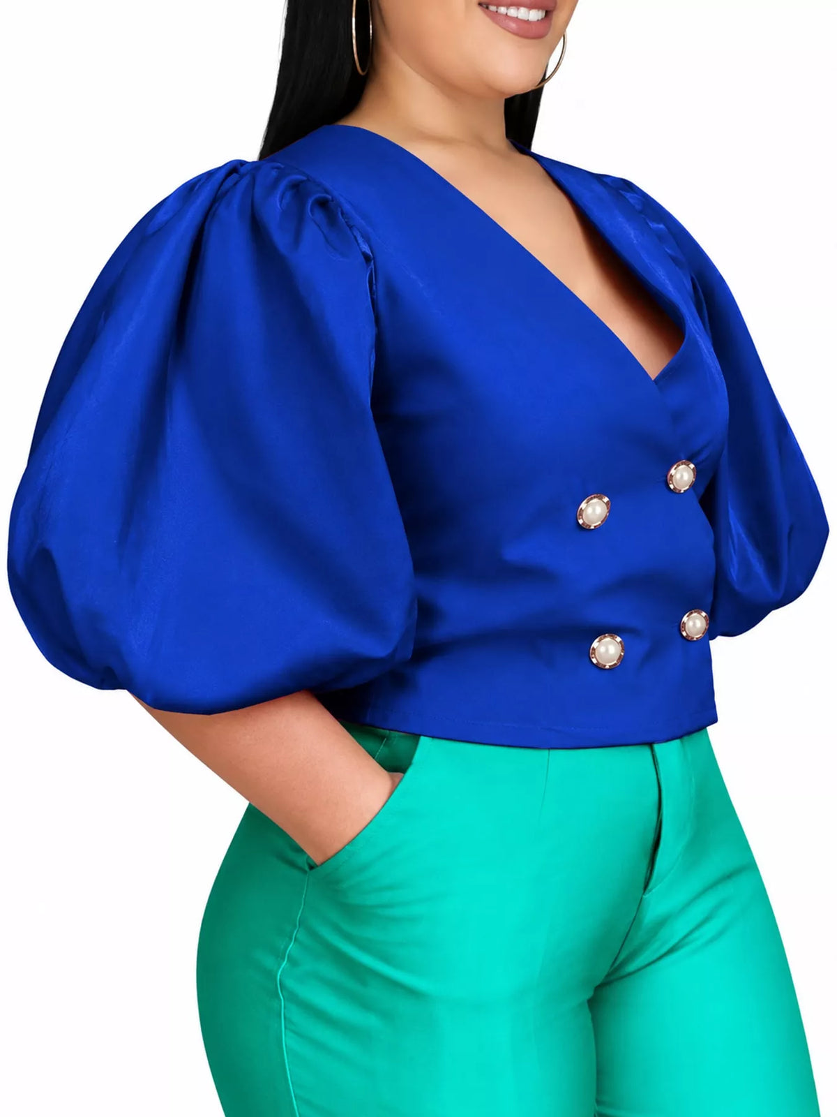 Double-breasted puff sleeve blouse, view 9