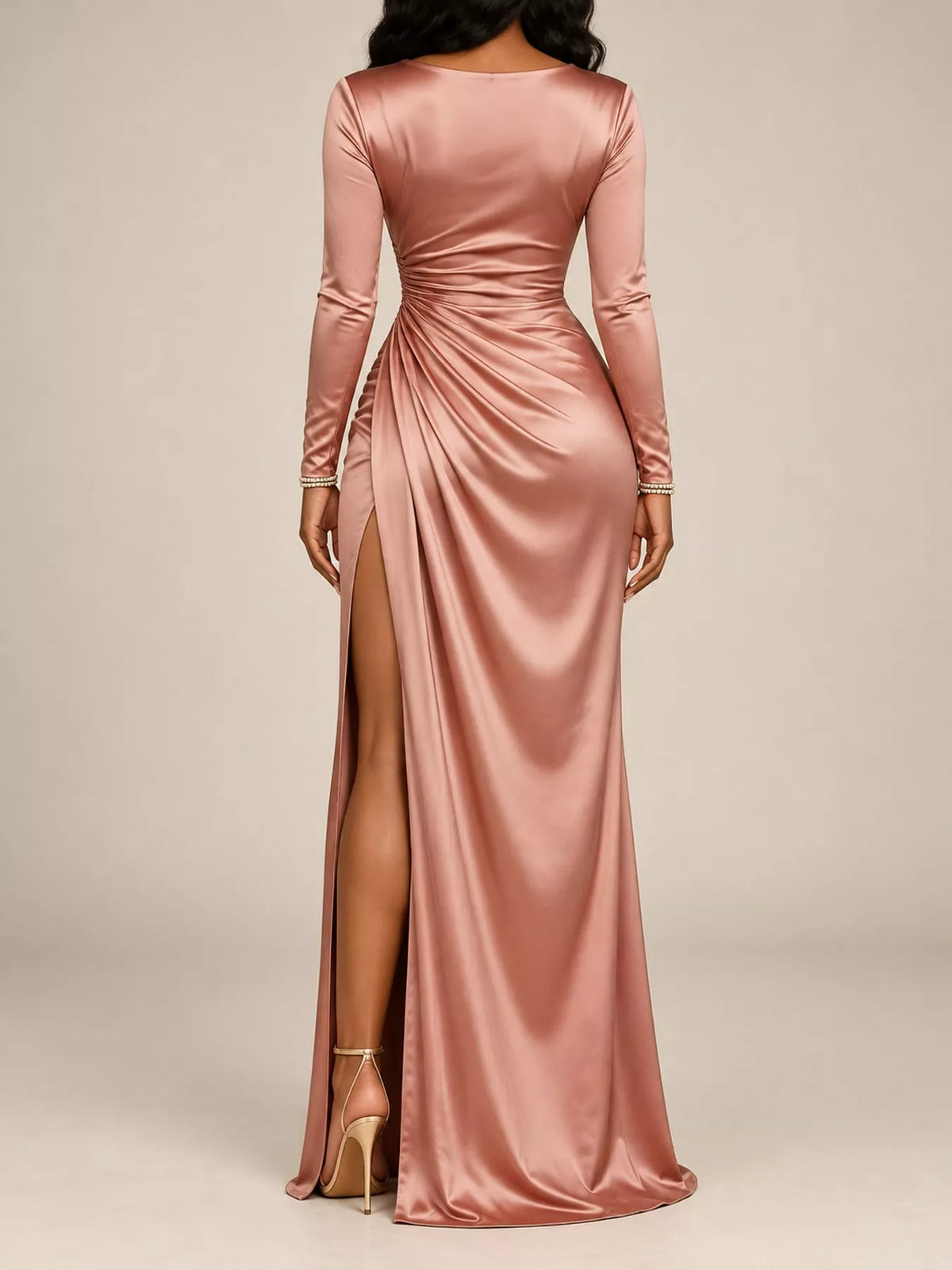 Satin cowl neck dress with high slit, view 40