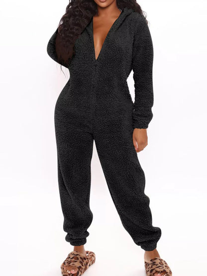 Full Size Fleece Zip-Up Hooded Jumpsuit Plus Size