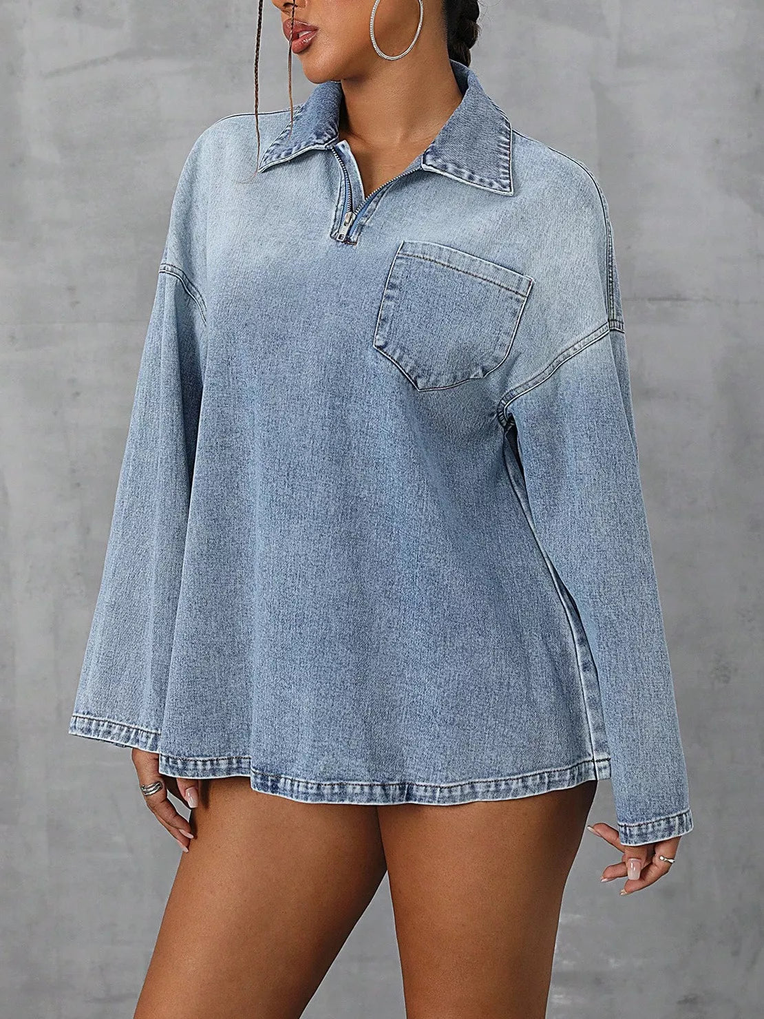 Collared Neck Drop Shoulder Denim Top