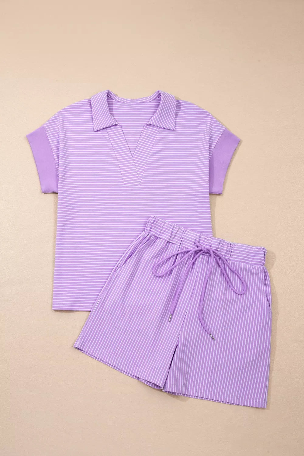 Stripe Polo Shirt and Drawstring Shorts Set