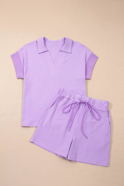 Stripe Polo Shirt and Drawstring Shorts Set