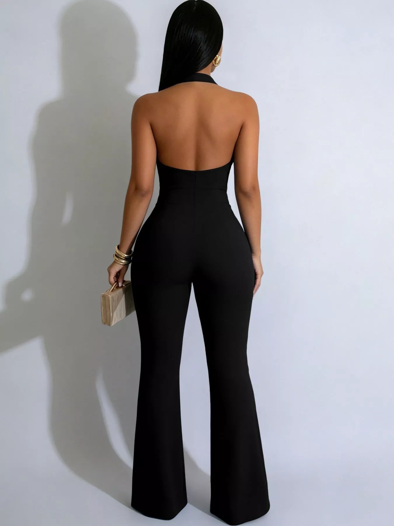 Halter Neck Cut-Out Flare Jumpsuit with Button Detail